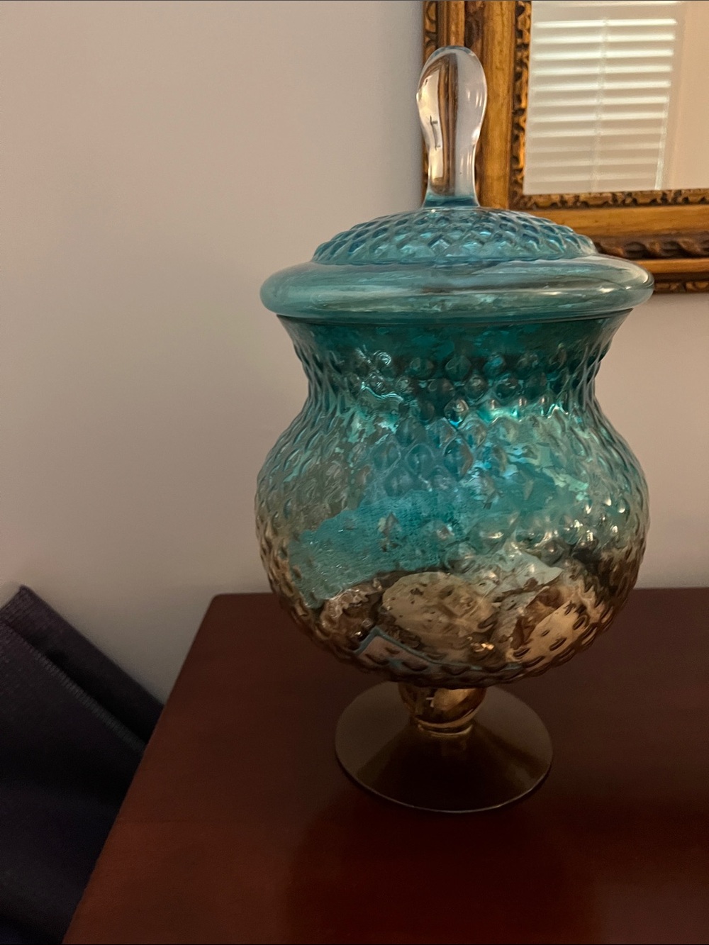 Pier 1 Teal and Amber Handblown Glass Apothecary Jar with Lid